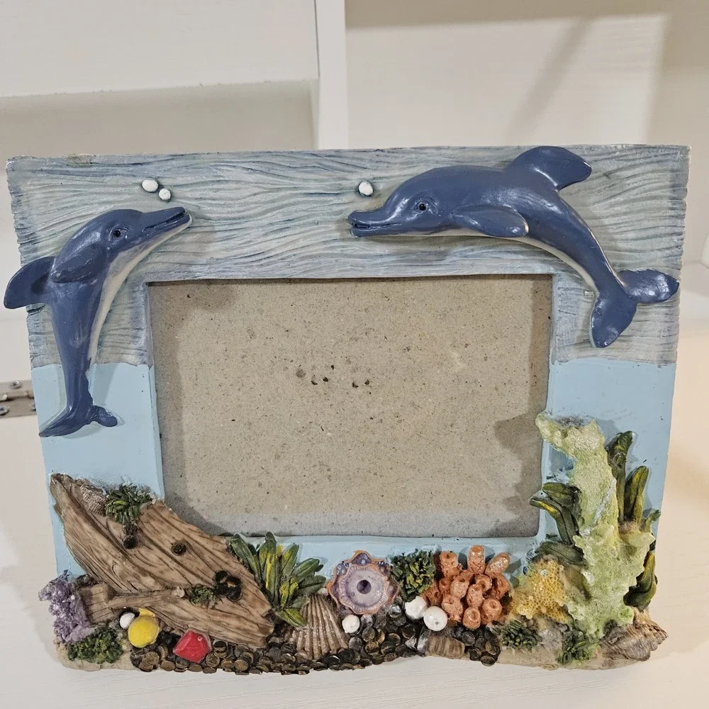 Vintage Dolphin Ocean Reef Resin Picture Frame 3D Coral Shipwreck 3.5x5 4x6...